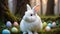 Photo Of Enchanted Easter Woodland, Whimsical White Bunny Amidst A Magical Eggfilled, Est. Generative AI