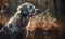 photo of English setter sitting on a forest path. Generative AI