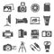 Photo equipment  camera accessories bold black silhouette icons set isolated on white
