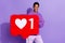 Photo of excited blogger transgender person hold one heart pinata wear hoodie isolated violet color background