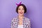 Photo of excited cheerful pinup girl see huge sale discount shopping concept isolated on violet color background