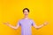 Photo of excited friendly funky guy open mouth wow reaction wear purple t-shirt isolated yellow color background