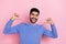 Photo of excited funny arabian man wear long sleeve shirt pointing fingers himself isolated pink color background