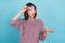 Photo of excited lady look fresh polished finger nails wear sunglass knitted pullover isolated blue color background