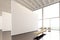 Photo exposition modern gallery,open space.Big white empty canvas hanging contemporary art museum.Interior loft style