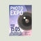 Photo exposition poster vector illustration. Date and place of grand opening. Professional zoom photo lenses and