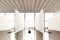 Photo exposition space modern gallery.Blank white empty canvas hanging contemporary art museum. Interior loft style with