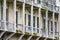 Photo of facade of the barracks and theater of the federal prison on Alcatraz Island of the United States.