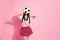 Photo of faceless lady cheerleader hold hands hide face soccer ball wear red short skirt white top isolated pink