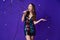 Photo of fancy lady chill confetti stars fall sing mic song wear shiny sequins short dress isolated purple color