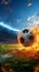 Photo Fiery soccer ball hurtles toward stadium field in exhilarating motion