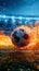 Photo Fiery soccer ball hurtles toward stadium field in exhilarating motion