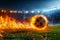 Photo Fiery soccer ball hurtles toward stadium field in exhilarating motion