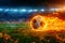 Photo Fiery soccer ball hurtles toward stadium field in exhilarating motion