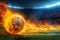 Photo Fiery soccer ball hurtles toward stadium field in exhilarating motion