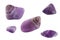 A photo of five amethyst gemstones, natural minerals. Set of various amethyst pebbles isolated on white background.