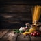 Photo flat lay of food ingredients for italian pasta, tomato, basil, garlic, onion, oil, salt, pepper, spaghetti pasta . Wooden