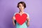 Photo of flirty cute young lady wear casual teal outfit holding big red heart lips pouted  purple color