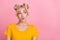 Photo of flirty millennial blond buns hairdo lady look advert wear yellow t-shirt isolated on pink color background