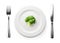 Photo of the fork and knife with white plate and broccoli on white