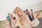 Photo of four carefree fellows charming inspired blonde lady dance alone wear casual outfit nature seaside beach