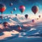 A photo of four colorful air balloons flying over icy rock hills