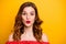 Photo of foxy lady overjoyed look wear red dress with open shoulders isolated yellow bright background