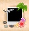 Photo frame with plane, palm, flowers, sea pebbles