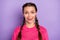 Photo of funky funny nice young woman wear knitted pink sweater isolated on pastel violet color background