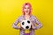 Photo of funky pink hairdo millennial lady hold ball wear plaid shirt isolated on yellow color background