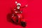 Photo of funky pretty motorcyclist dressed christmas costume eyewear pointing empty space hurrying isolated red color