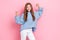 Photo of funky proud herself teenager schoolgirl wear blue knitted sweater fingers direct herself best champion isolated