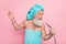 Photo of funky senior man have bath sing songs with shower head isolated on pastel color background