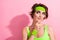 Photo of funky thoughtful lady dressed green sportive bodysuit hand arm chin looking empty space isolated pink color