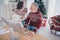 Photo of funny couple aged lady man talk write pc wear sweater jeans at home