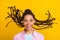 Photo of funny funky crazy african lady enjoy having fun scream wear striped shirt isolated yellow color background