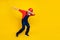 Photo of funny funky senior guy dressed uniform overall red hardhat dancing empty space isolated yellow color background