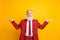 Photo of funny grandpa guy holding open palms empty space two novelty products wear lumberjack suit red blazer tie