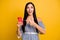 Photo of funny impressed woman dressed off-shoulders dress pointing finger modern gadget  yellow color