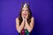 Photo of funny lady prom arms cheekbones open mouth look up tiara wear sequins dress isolated purple color background