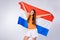 Photo of funny lady support soccer team grand final game euro 2020 raise national netherlands flag wear orange uniform