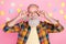 Photo of funny white beard old man hands spectacles wear shirt isolated on pink color background