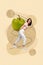 Photo of funny young overjoyed positive girl drag huge green fresh apple juice sweet dessert healthy food concept