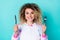 Photo of funny young wavy hairdo lady hold knife fork wear pajama isolated on blue background