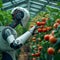 Photo Future farming Robot arm harvests vegetables in a technologically advanced greenhouse