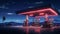 Photo of a gas station illuminated by vibrant red neon lights at night