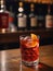 Photo Of Glass Of Negroni Vermouth Campari Drink On Bar And Bar View. Generative AI