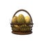 Photo of golden easter eggs, in a basket made of woven wood or bamboo, taken from the side, with a white background