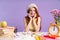 Photo of gorgeous student girl sitting at desk with exercise books