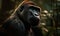 Photo of gorilla imposing & majestic standing tall in heart of an African rainforest. gorillas thick fur rippling muscles and